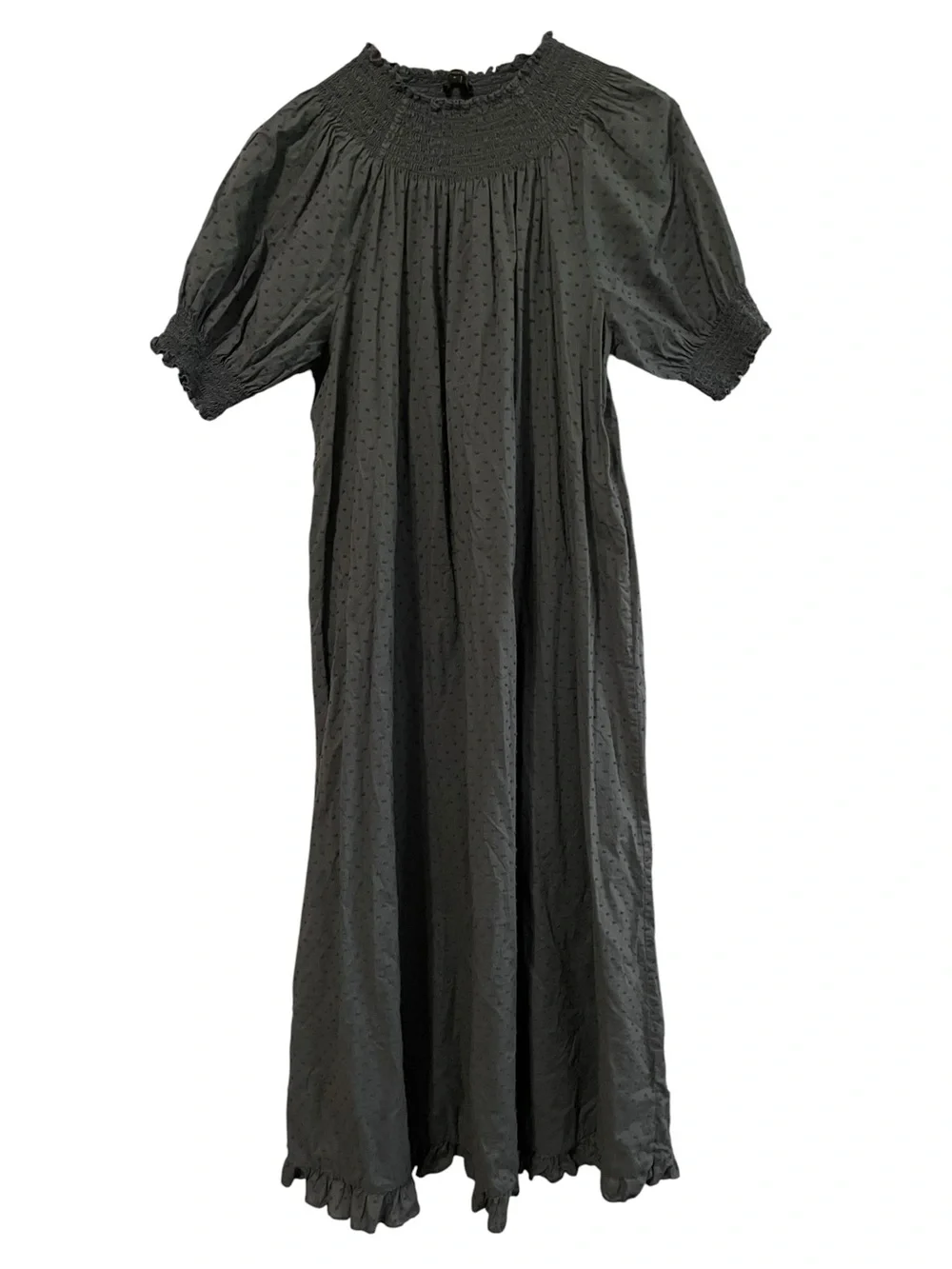 Quince Charcoal Gray Swiss Dot Smocked Midi 100% Cotton Puff Sleeve Large - Picture 8 of 11